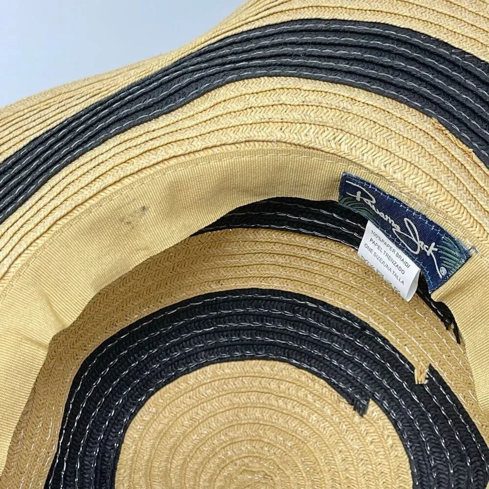 Panama Jack Sun Straw Hat Tan Navy Blue Tassel Floppy Wide Brim Women’s OSFM
